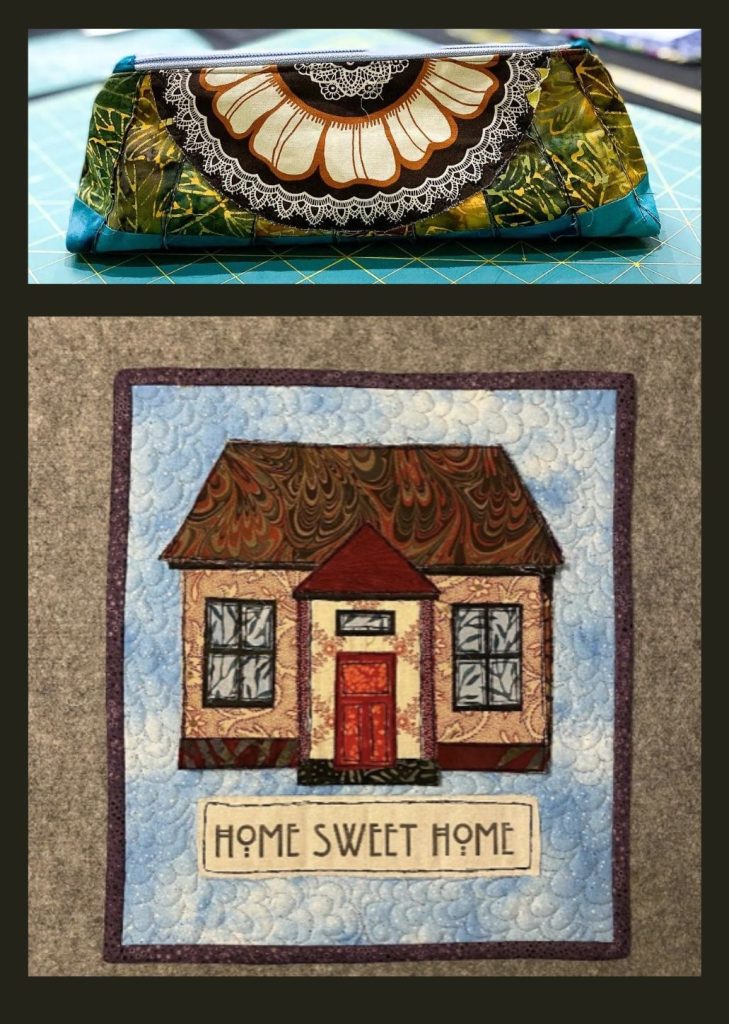 Example projects from the Fabric Collage Zipper Pouch and Home Sweet Home Wall Hanging Workshop with Amy Munson at Quilters JEM.